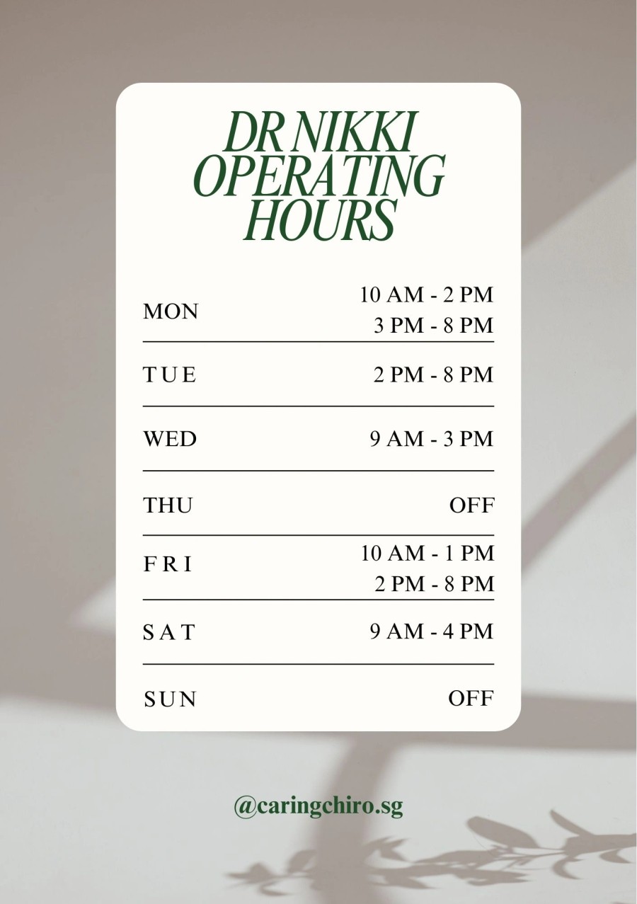 Dr Nikki operating hours at Caring Chiropractic Centre
